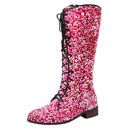 2025 Damenstiefel, mittelhoch, modisches Muster, Pailletten-Dekoration, Retro, Schnürung, dicke Absätze, niedrige Absätze, bequeme Schuhe, Damen, mittelhohe Winterstiefel, rot, 39.5 EU von Generisch