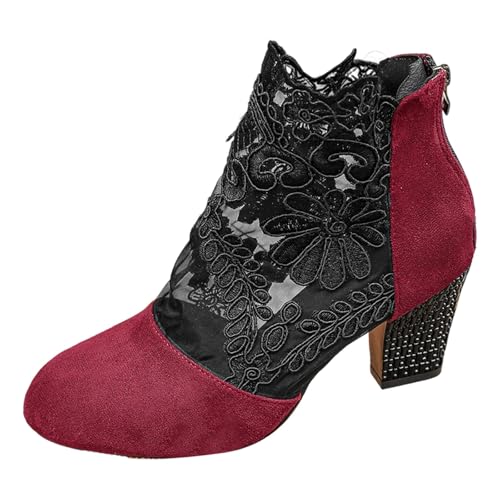 2025 Damenstiefel mit mittlerer Wadenhöhe, stilvolles mit Schnürung, atmungsaktives Mesh floralem Cut-Out-Design für den täglichen Gebrauch, perfekt für Damen Schuhe Sommer Sandaletten (Red, 36) von Generisch