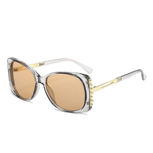 2025 Designer-Sonnenbrille für Damen, Retro-Stil, Nieten, UV400, modische Herren-Sonnenbrille, Punk-Farbverlauf, Grau, Champagner, Einheitsgröße von Generisch