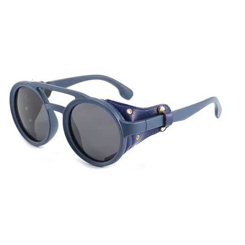 2025 Designer Steampunk Sonnenbrille Herren für Damen, klassische Sonnenbrille mit seitlichem Leder, runde Brillen, Punk, UV400 Linse, Blau, Einheitsgröße von Generisch