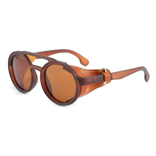 2025 Designer Steampunk Sonnenbrille Herren für Damen, klassische Sonnenbrille mit seitlichem Leder, runde Brillen, Punk, UV400 Linse, Braun, Einheitsgröße von Generisch
