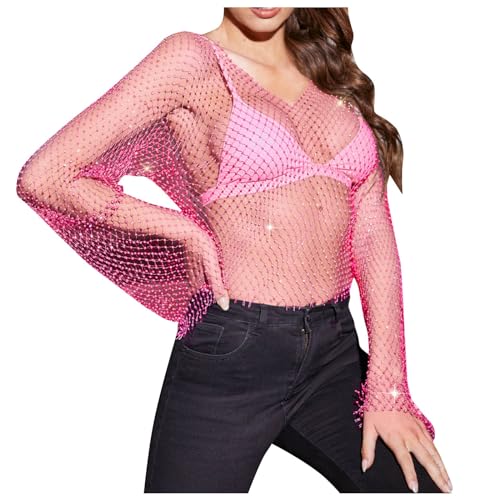 2025 Einzigartige Mesh-Netz-Körperkette, Kristall, langärmelig, Fischernetz, bauchfreies Top, Strass-Cover, T-Shirt, Bluse Hochzeitkleider Kurz (HT2, XS) von Generisch