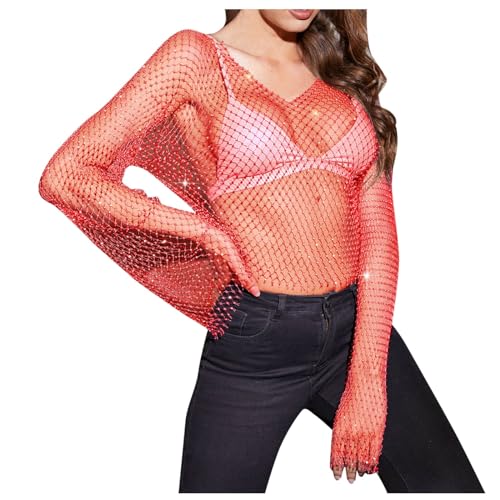 2025 Einzigartige Mesh-Netz-Körperkette, Kristall, langärmelig, Fischernetz, bauchfreies Top, Strass-Cover, T-Shirt, Bluse Hochzeitkleider Kurz (Red, XS) von Generisch