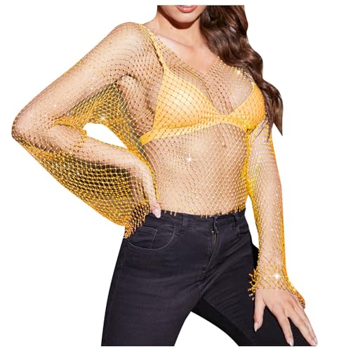 2025 Einzigartige Mesh-Netz-Körperkette, Kristall, langärmelig, Fischernetz, bauchfreies Top, Strass-Cover, T-Shirt, Bluse Hochzeitkleider Kurz (Yellow, XS) von Generisch