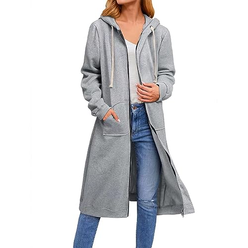 2025 Fleecejacke Damen Lang Winterjacke Langarm Große Größen Kapuzenpullover Mit Reißverschluss Und Taschen Tunnelzug Kapuzenjacke Casual Herbstmantel Übergangsjacke Oversize Lose Sweatshirtjacke von Generisch