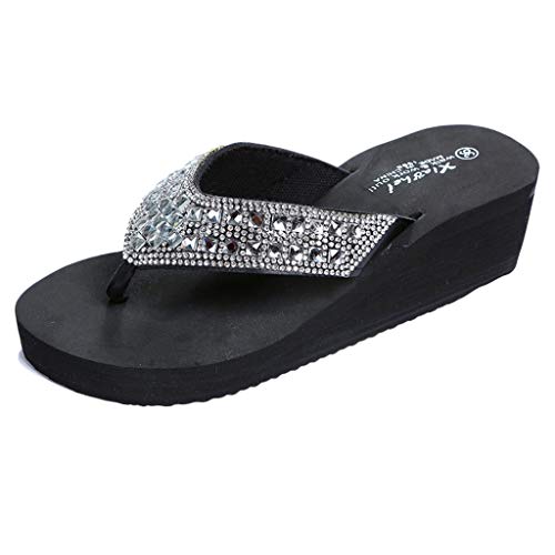 2025 Flip-Flops für Damen, modische Sommerschuhe, Strand-Hausschuhe, Damenschuhe, lässige Flip-Keile, Strasssteine, Slipper, Damenschuhe, Sandalen, Schwarz , 39.5 EU von Generisch