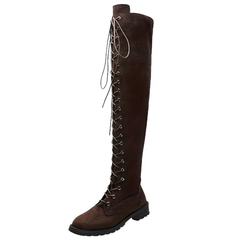 2025 Flock Stiefel mit runder Spitze, solide Schuhe, High Heels über Schnürstiefeletten, Kniehohe Stiefel Damen Schuhe Rot 38 (Coffee, 40) von Generisch