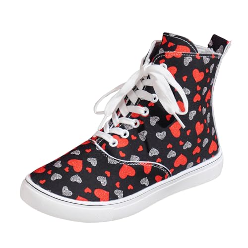 2025 Foreign Trade Große Größen Damen Segeltuchschuhe Runde Zehenpartie Vielseitige Segeltuchschuhe Vorne Schnürung Flache Sohle Sportbrettschuhe Kurze Damen Schuhe Winter Stiefeletten (Black, 42) von Generisch