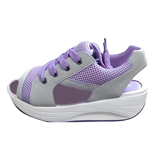 2025 - Frauen Bequeme Runde Zehensohle Keilabsatz Atmungsaktive Rocking Mesh Schuhe Komfort Sport Casual Sandalen Damen Schuhe Schwarz Elegant Boots (Purple, 41) von Generisch