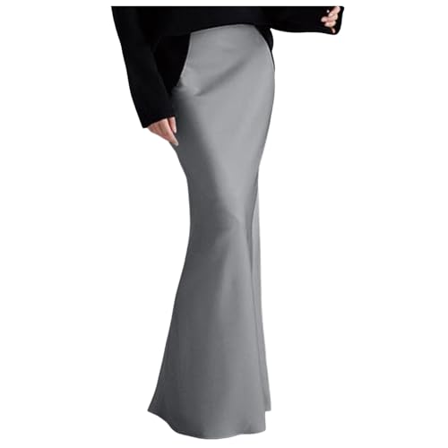 2025 - Frauen Frühling Sommer Rock 2024 Seide Elegante Hohe Taille Cocktail Party Hochzeit Saum Satin Maxi Röcke Abendkleid Weiter (Grey, M) von Generisch