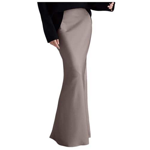 2025 - Frauen Frühling Sommer Rock 2024 Seide Elegante Hohe Taille Cocktail Party Hochzeit Saum Satin Maxi Röcke Haarschmuck (Khaki, S) von Generisch