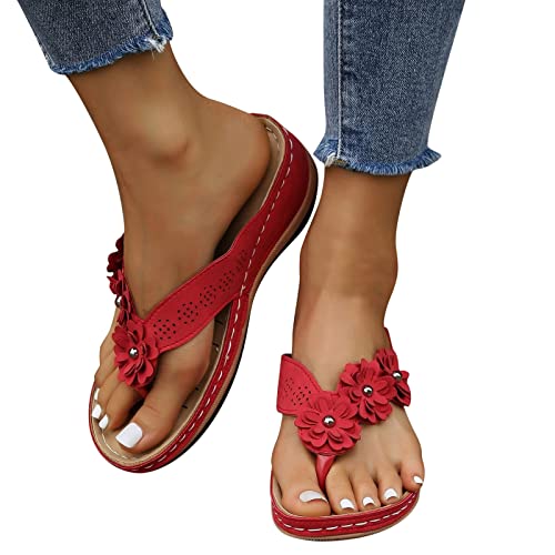 2025 - Frauen Keilsandalen Zehenstegsandalen Strand Plattform Zehensteg Keil Strand Hausschuhe Sandalen Trendsession Damen Schuhe (Red, 37) von Generisch