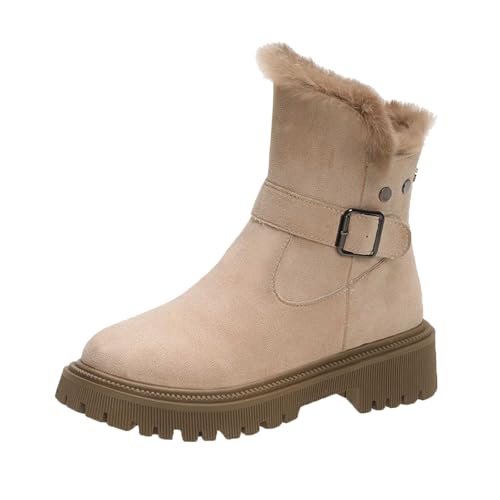 2025 Frauen Schnee Stiefel Winter Mode Gürtel Schnalle Seitlichem Reißverschluss Bequeme Runde Damen Western Cowboy Stiefeletten (Beige, 37) von Generisch