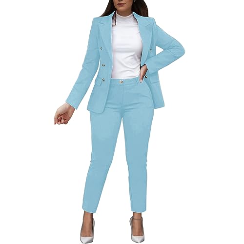 2025 - Frauen Solid Langarm Anzug Taschen Hosen Hosen Anzug Eleganter Anzug Hosenanzug Damen Weites Bein (Light Blue, L) von Generisch