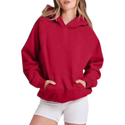 2025 - Frauen Solide Basic Fleece Brief Lose Hoodie Sweatshirt Langarm Tasche Drop Schulter Pullover Top Strickjacke Rot Damen (Red, L) von Generisch
