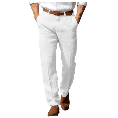 2025 - Herren Anzughose Sommerhose Strandhose Fronttasche Gerades Bein Einfarbig Bequem Atmungsaktiv Formal Business Urlaub Mode Basic Hose Unter Hose (White, L) von Generisch