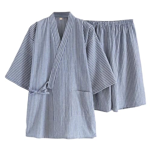 2025 Japanischer Pyjama mit Krawatte gestreiftem Muster für Herren lockerer Sommer dünner Kurzarm-Shorts schwitzender Homewear- Schlafanzug Oberteil Kurz Herren (Blue M) von Generisch