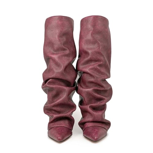 2025 Kniehohe Damenstiefel, modisch, Spitze Zehenpartie, klobiger Absatz, gestapelt, umgeklappt, lässige Kleiderstiefel für Damen, zum Hineinschlüpfen, Bequeme Damen Plateau Schuhe Elegant (41) von Generisch