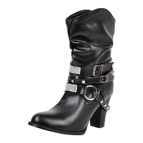 2025 Kurzstiefel, europäische und dicke High-Heel-Gürtelschnalle, kurze Damenstiefel, wadenhoch, für Damen mit Absatz, Schwarz , 37.5 EU von Generisch
