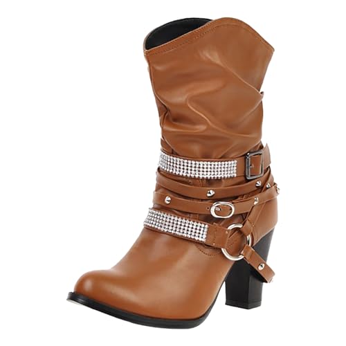 2025 Kurzstiefel, europäische und dicke High-Heel-Gürtelschnalle, kurze Damenstiefel, wadenhoch, für Damen mit Absatz, braun, 38.5 EU von Generisch