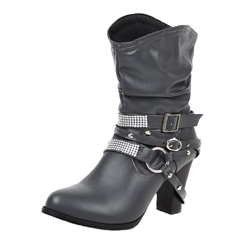 2025 Kurzstiefel, europäische und dicke High-Heel-Gürtelschnalle, kurze Damenstiefel, wadenhoch, für Damen mit Absatz, grau, 37 EU von Generisch