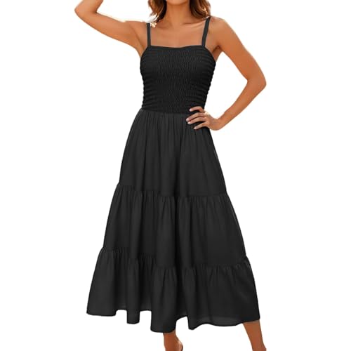 2025 Maxikleid Lässig Boho Ärmellos Solide Strand Sommerkleider Minikleid Schwarz Glitzer (Black XXL) von Generisch