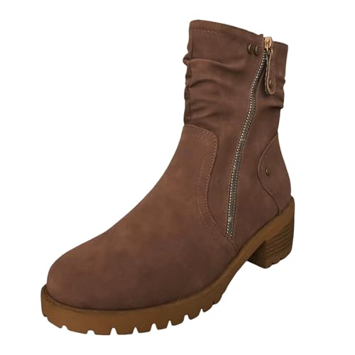 2025 Mode Frauen Square Heels Reißverschluss Solide Kurze Booties Runde Zehe Schuhe Keilabsatz Schuhe Damen Sommer Hoch (Brown, 37) von Generisch