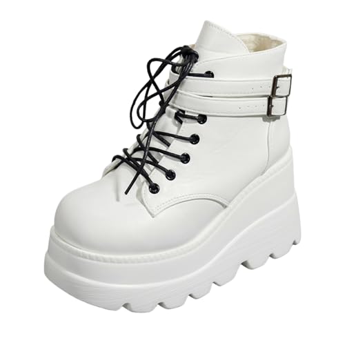 2025 Modische Damenschuhe, atmungsaktive Keilabsätze, Retro-Stiefel, Schnürstiefel, Komfort-Stiefel, modische Stiefeletten, weiß, 38.5 EU von Generisch