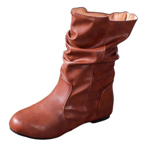 2025 Modische Damenstiefel mit halbhoher Schafthöhe. Bequemes Slip-On-Design für Freizeit- Arbeitsanlässe. Vielseitiger, einfarbiger, klassischer Lederstil. Perfekt für alle Mädchen 29 30 (Brown, 38) von Generisch