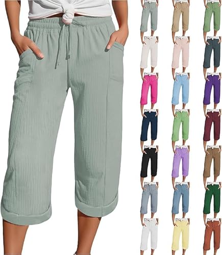 2025 Musselin Kurze Hose Damen Sommer Leinen Shorts Beach Hosen Mit Taschen Sommerhose Leicht Stoffhose Kleid Stretch Gerades Bein Kordelzug Leinenhose Bluse von Generisch