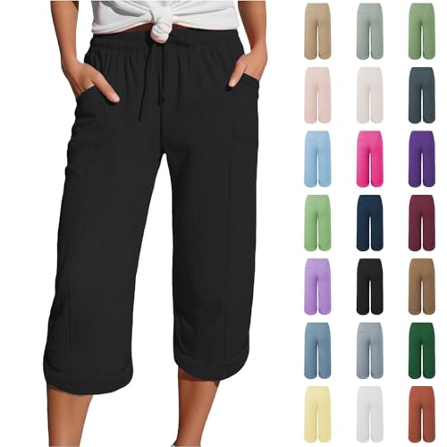 2025 Musselin Kurze Hose Damen Sommer Leinen Shorts Beach Hosen Mit Taschen Sommerhose Leicht Stoffhose Kleid Stretch Gerades Bein Kordelzug Leinenhose Bluse von Generisch