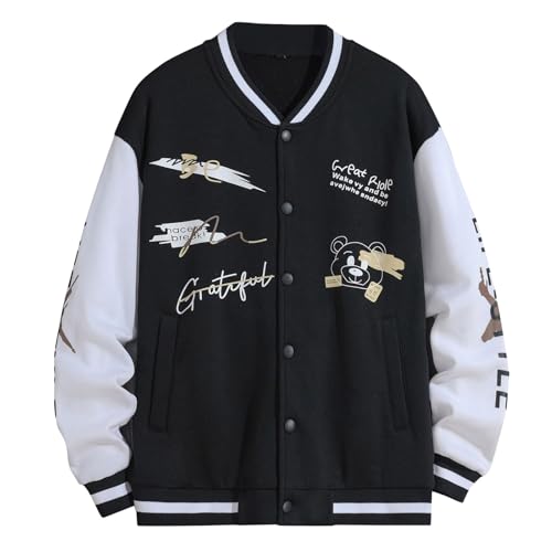 2025 Neue Jacke für Herren, trendiger Mantel, Tops, lässig, trendige Baseballjacke, Frühling und Herbst, amerikanische lockere Langarmjacke, große große Jacke, Schwarz , L von Generisch