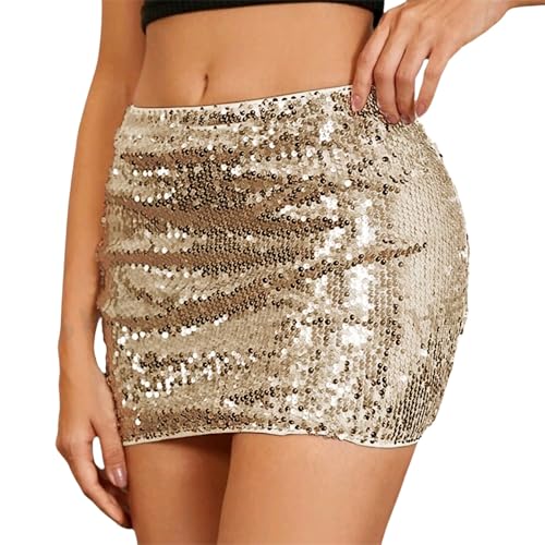 2025 Pailettenrock für Damen Pailletten Glitzer Rock Kurz Silber Gold Sexy Midi Skirt Hüftrock mit Elastische Taille Glitzerrock für Party Rave Outfit Pailletten-Rock von Generisch