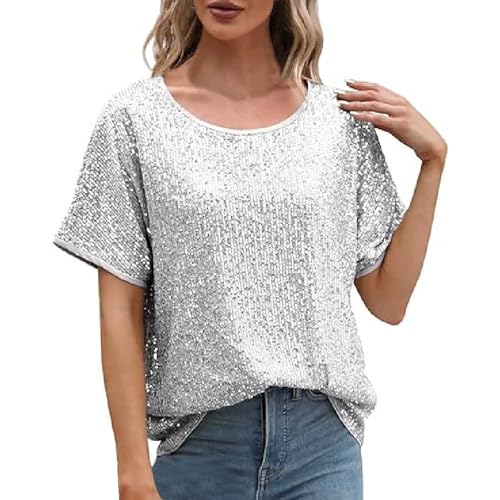 2025 Pailletten-Tops für Damen, glitzernde Glitzer-Blusen, kurzärmelige Pailletten-Shirts für den Urlaub, Clubabend Satin Hose Damen (Silver, XL) von Generisch