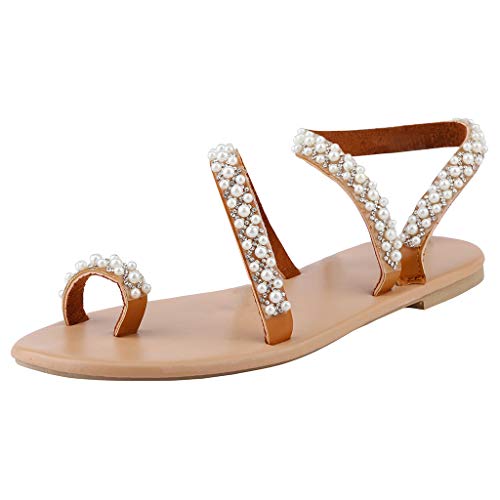 2025 - Reizvolle Frauen kristalline Freizeitschuhe Sommer Perle Flache Sandalen Modesandalen für Frauen Schuhe Kariert Damen (Brown, 38) von Generisch