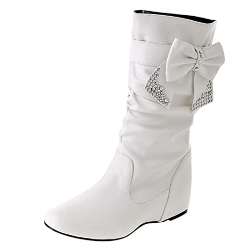 2025 Retro Damen Strass Fliege Niedriger Absatz Slip On Mid Calf Boots Runde Zehen Schuhe Mid Calf Low Heel Stiefel 8, weiß, 38 EU von Generisch