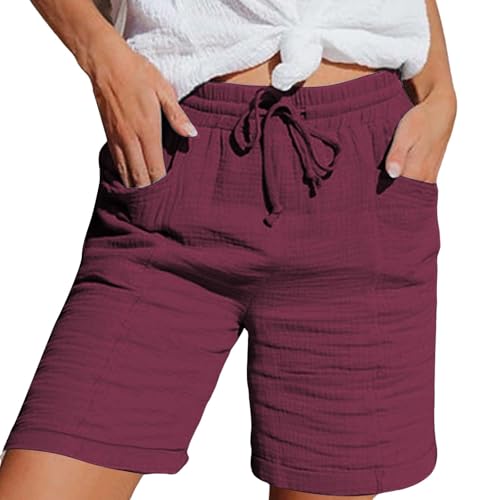 2025 Shorts Damen Sommer Musselin Leinen Kurze Hose Baggy Beach Shorts Mit Taschen Elastische Taille Stretchy Gerades Bein Bermuda Hose Kurze LäSsige Short (Wine, L) von Generisch