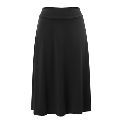 2025 Solide, leichte, ausgestellte Midi-Rock zum Anziehen für Damen, Größe S, XXL, Übergröße Knielang Gummizug (Black, XXL) von Generisch