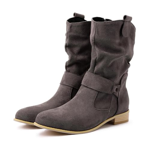 2025 Stiefeletten Damen Elegant Wildleder Halbstiefel Spitz Schlupfschuhe mit Schnalle Kurz Winter Blockabsatz Knöchel Halbhoch Damen Weite Wade Absatz, grau, 39 EU von Generisch