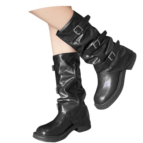 2025 Stilvolle Damenstiefel mit halbhoher Schafthöhe, Gürtelschnalle Dicker Sohle, perfekt für die Freizeit die -/Wintersaison. Runde Zehenpartie für bequemen Classic Damen Schuhe (Black, 37) von Generisch