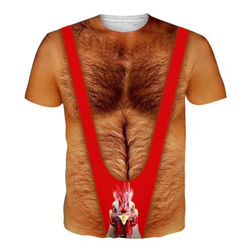 2025 - T-Shirt für Männer mit behaarter Brust, 3D-Druck, Rundhalsmuster, kurzärmelig Top Schwarz (Red, L) von Generisch