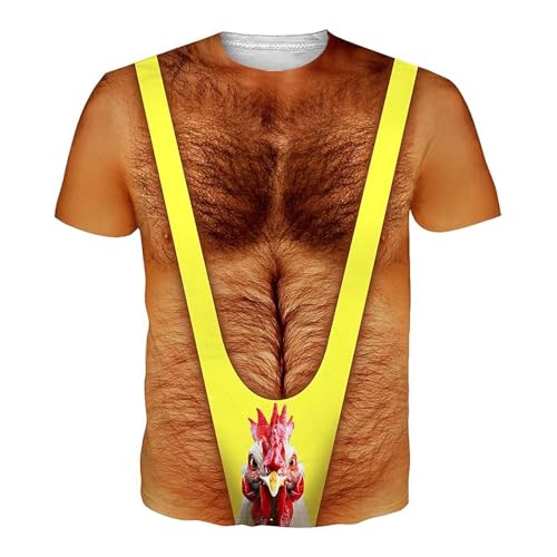 2025 - T-Shirt für Männer mit behaarter Brust, 3D-Druck, Rundhalsmuster, kurzärmelig Top Schwarz (Yellow, S) von Generisch