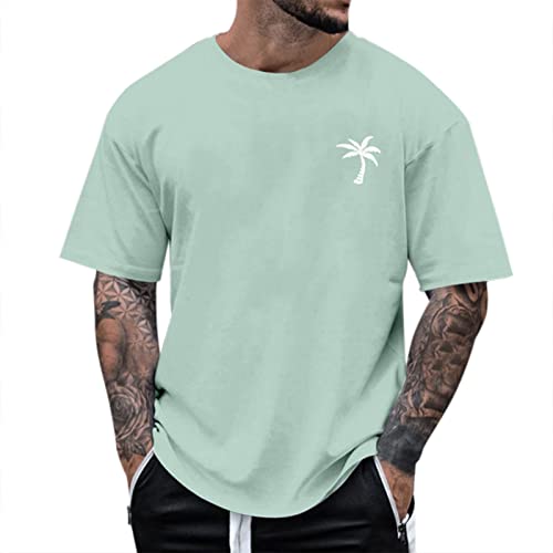 2025 Tshirt Herren Mode Lose Rundhals Kurzarm Sommer T-Shirt mit Palm Gemustert Kreativen Buchstaben Vintage Streetwear Baumwolle Drucken Tops Shirt Männer Sportshirts von Generisch