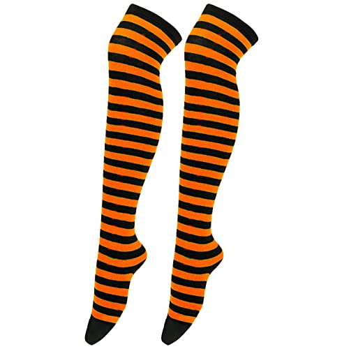 2025 Weihnachten Hohe Lange Strümpfe Überkniestrümpfe Weihnachten Cosplay Party Kostüme Socken Kniehohe Lange Gestreifte Strumpfsocken 1 Paar Overknees Strümpfe Damen Gestreift (Orange One Size) von Generisch