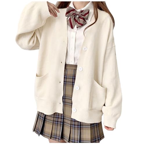 2025 Womens Japanese Cute Knitted Cardigan Sweater Cosplay Long Sleeve Button Down School Jacket Damen Strickjacke 42 (White, One Size) von Generisch