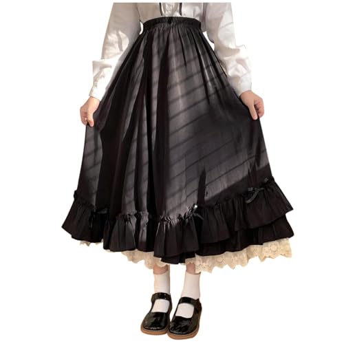 2025 Zweiteiliges Rockset für Damen in Volltonfarbe, hohe Taille, japanischer Stil, süßer Lolita-Stil, gerüschter Saum, süße Lange Röcke Schwarz Cosplay (Black, XL) von Generisch