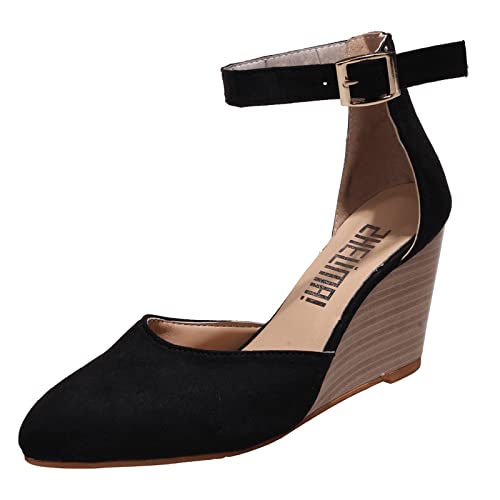 2025 - geschlossene Zehe aus massivem mit spitzem Keilabsatz Dicker unterer Schnalle Schuhe Winter Damen Gefüttert Sportlich (Black, 42) von Generisch