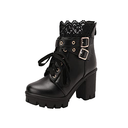 2025 modische Damen-Stiefel, Leder, Spitze, dekorative Gürtelschnalle, Reißverschluss, dick, hoher Absatz, kurze Stiefel, elegante Damenstiefel, Schwarz , 38 EU von Generisch