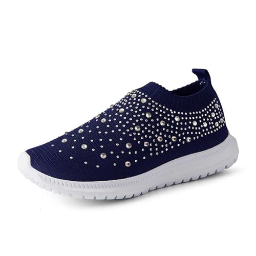 2026 Damen Freizeitschuhe Atmungsaktive Mesh-Schlupfschuhe Flache Bequeme Laufschuhe Für Den Täglichen Gebrauch Mit Strass-Design Silber Schuhe Damen (Navy, 37) von Generisch