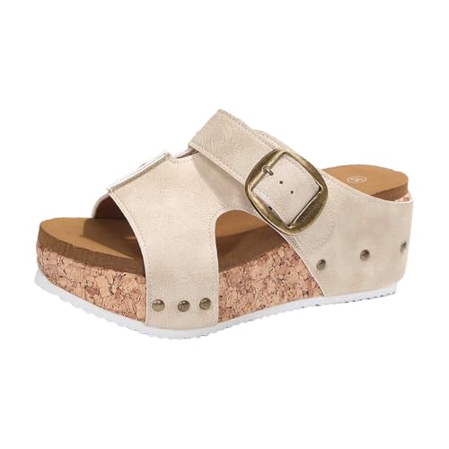 2026 Damen-Sandalen für den Sommer, lässige Plateau-Hausschuhe mit offener Spitze Schnallenriemen, Obermaterial für den täglichen Gebrauch, bequemes Outdoor Schuhe Wasserdicht Damen (Beige, 40) von Generisch